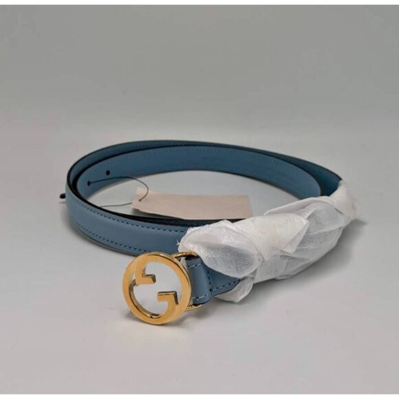Gucci Women’s Blondie Ciny Interlocking Buckle Leather Belt Cloudy Blue 95cm 723 - Picture 2 of 7